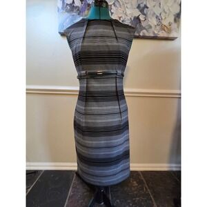Calvin Klein Black and Gray Striped Sleeveless Sheath Dress with Belt - Size 4